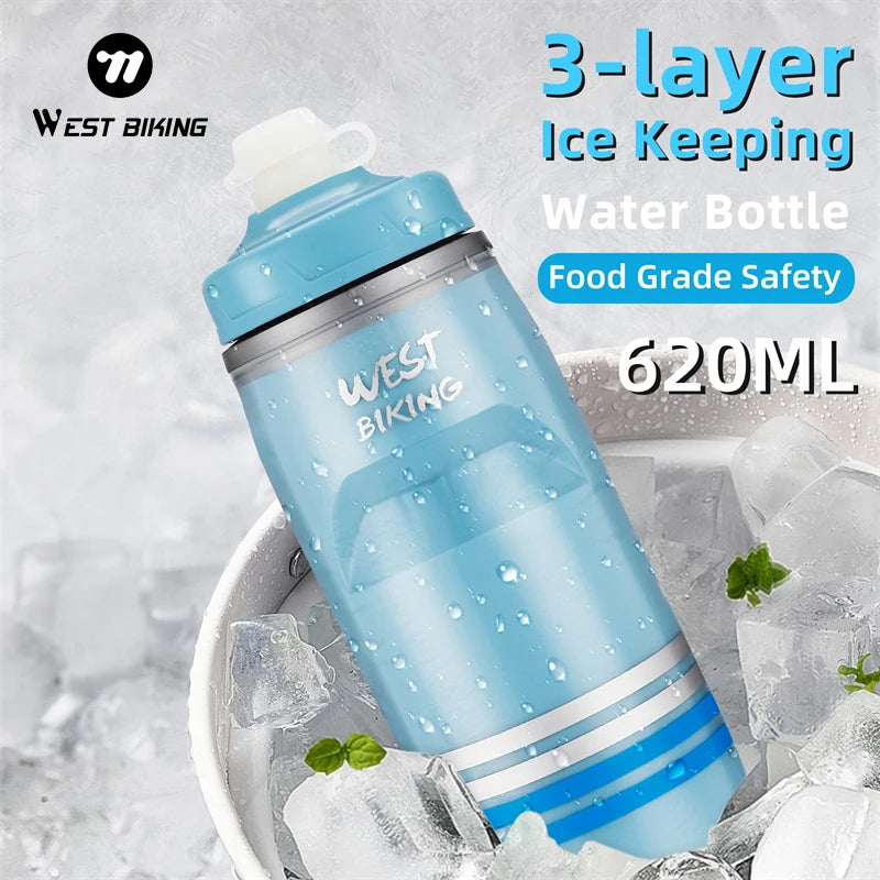 WEST BIKING 620ML Cycling Water Bottle Cold Water Insulated Thermal Silicone Bottle Fitnes Outdoor Bicycle Portable Water Kettle