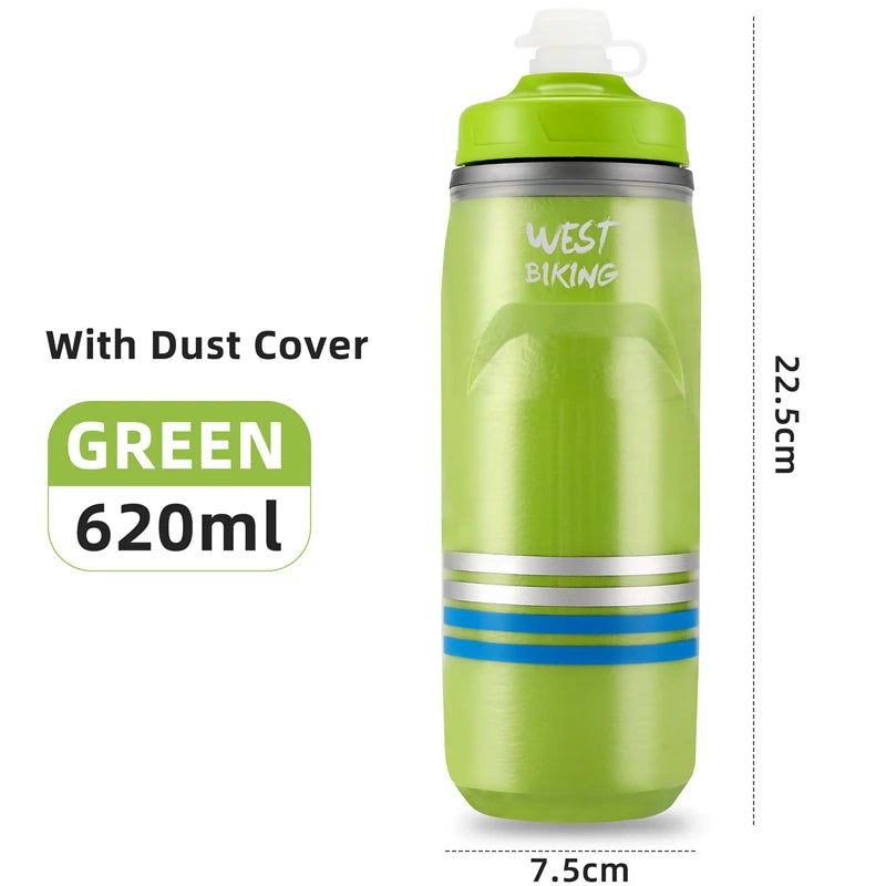 WEST BIKING 620ML Cycling Water Bottle Cold Water Insulated Thermal Silicone Bottle Fitnes Outdoor Bicycle Portable Water Kettle